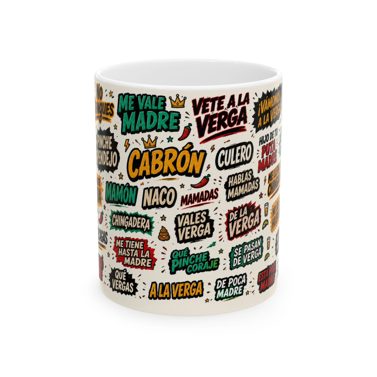 Spanish Slang Sticker Collage Mug 11oz 15oz | Vulgar Phrases Ceramic Mug