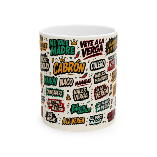 Spanish Slang Sticker Collage Mug 11oz 15oz | Vulgar Phrases Ceramic Mug