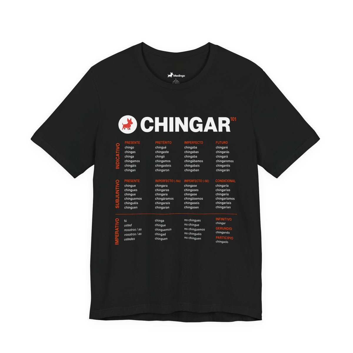 Chingar Verb Chart T-Shirt (Black) — Spanish Slang Conjugation Tee
