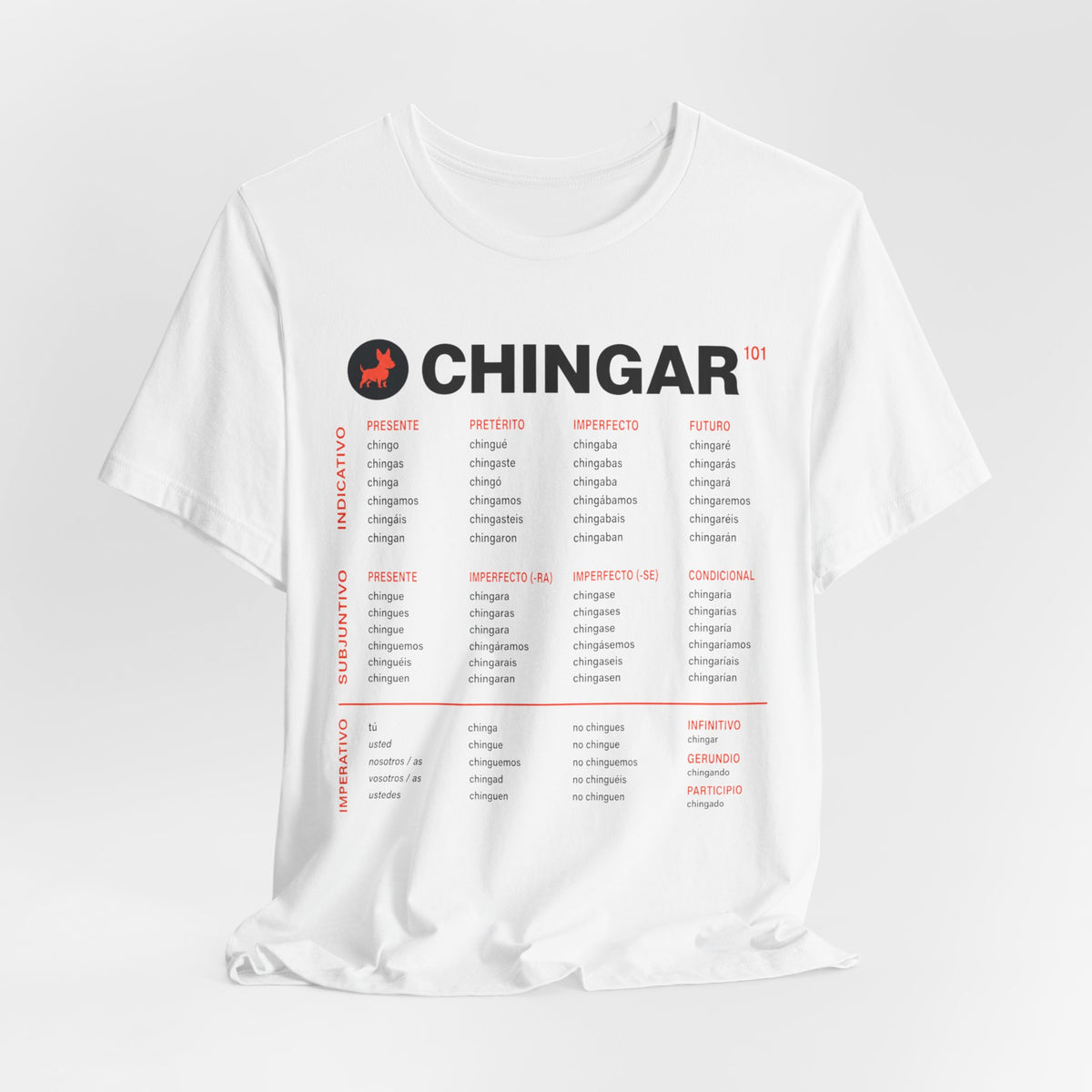 Chingar Verb Conjugation T-Shirt (White) — Funny Spanish Grammar Tee