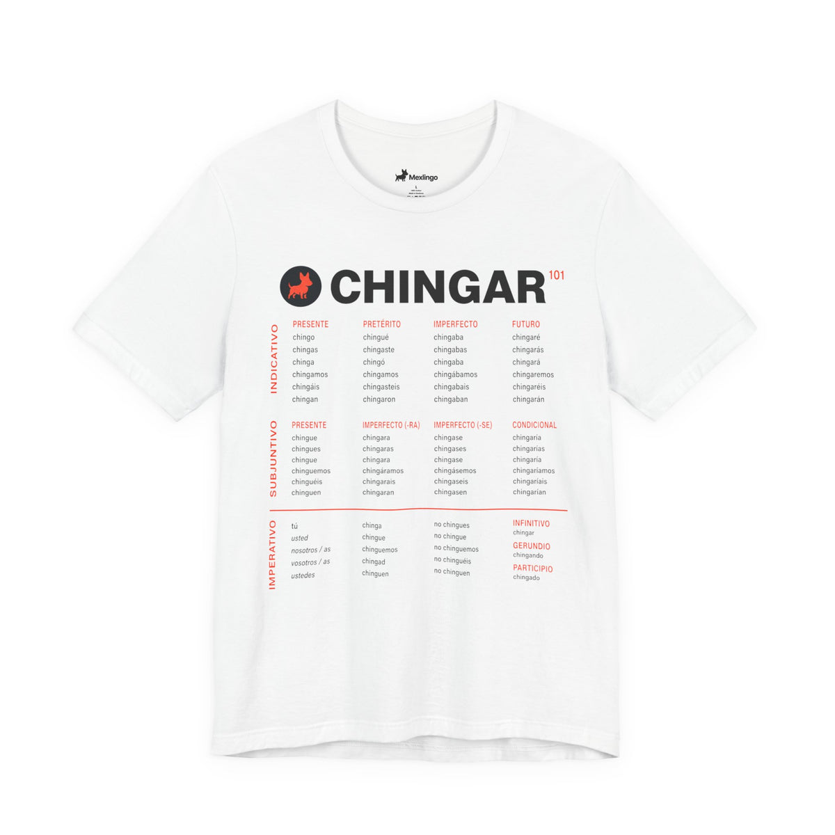 Chingar Verb Conjugation T-Shirt (White) — Funny Spanish Grammar Tee