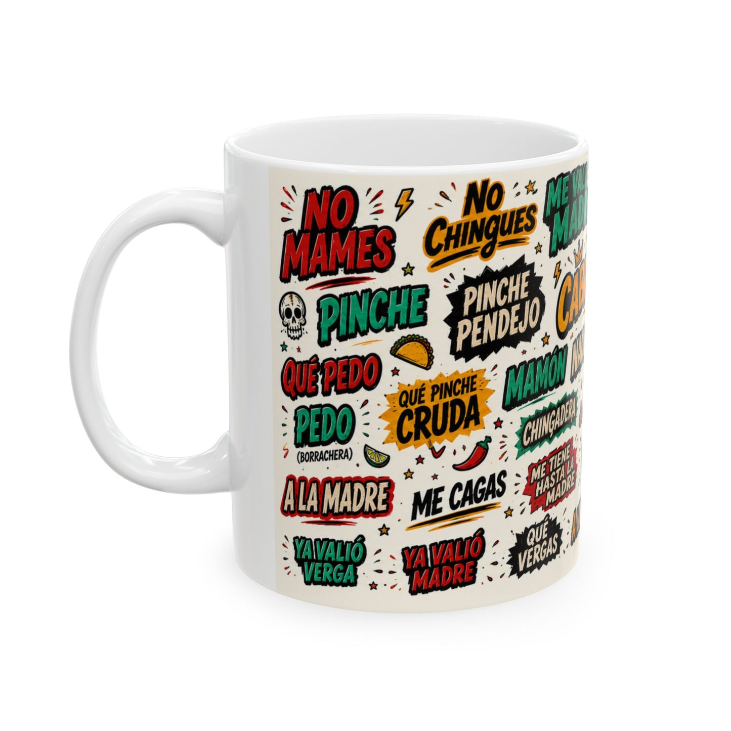Spanish Slang Sticker Collage Mug 11oz 15oz | Vulgar Phrases Ceramic Mug